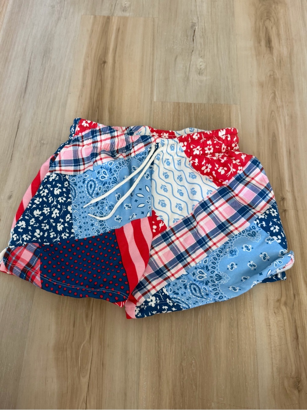 Patchwork Print Women's Drawstring Shorts - Red, Blue & White